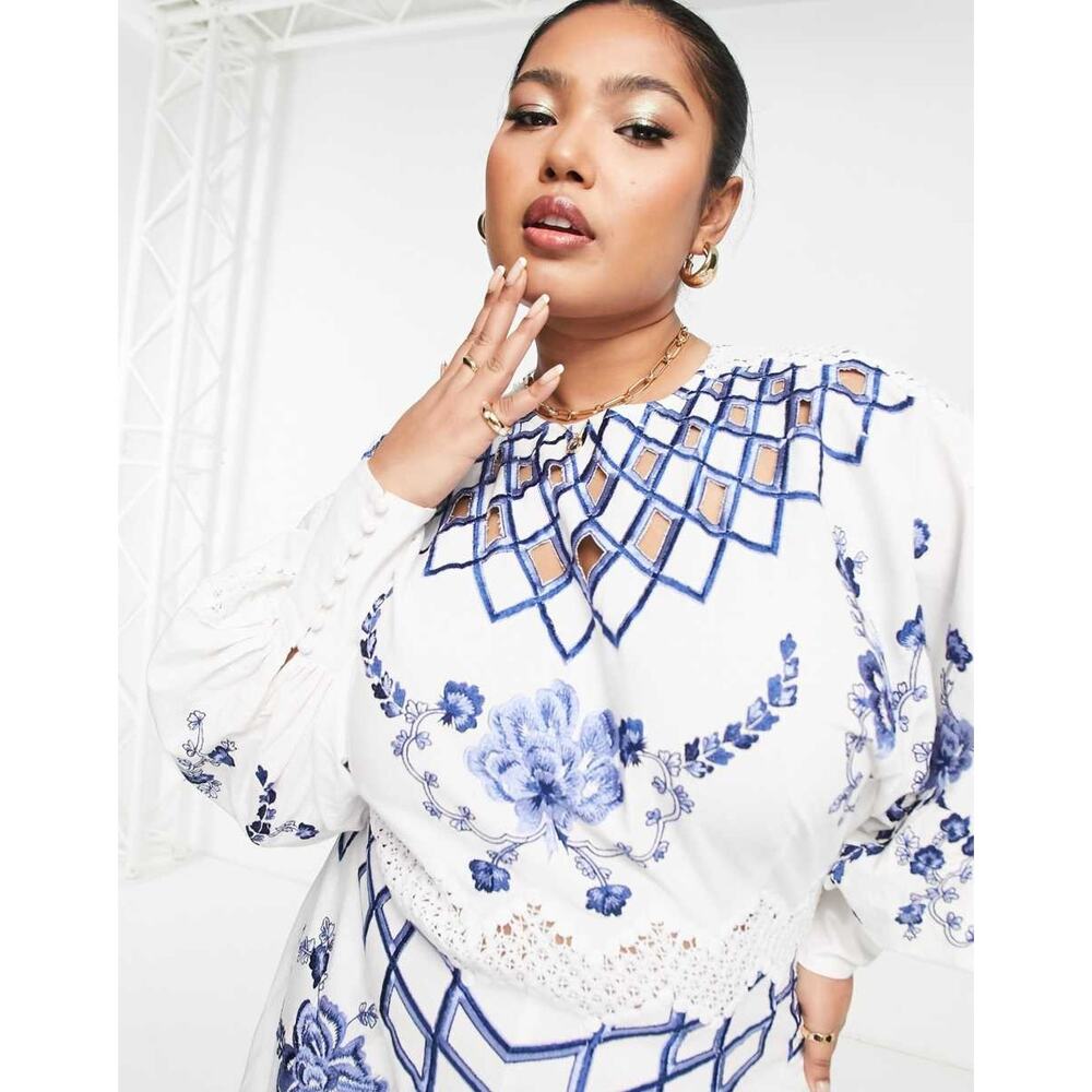ASOS Embroidered Midi Dress With Cutwork and Lace Trim in Blue/White - US 14 - Picture 2 of 8